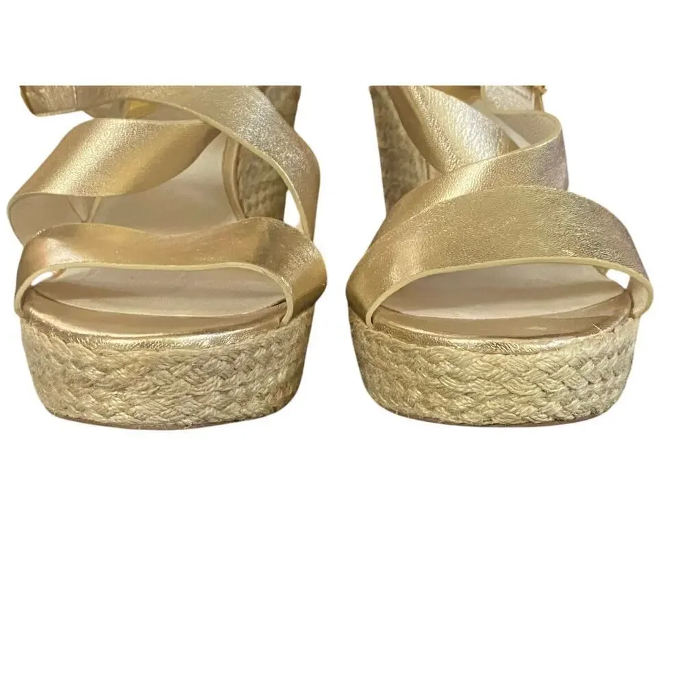 MICHAEL KORS Metallic Gold Leather Ankle Strap Espadrille Wedge Sandal 9.5M